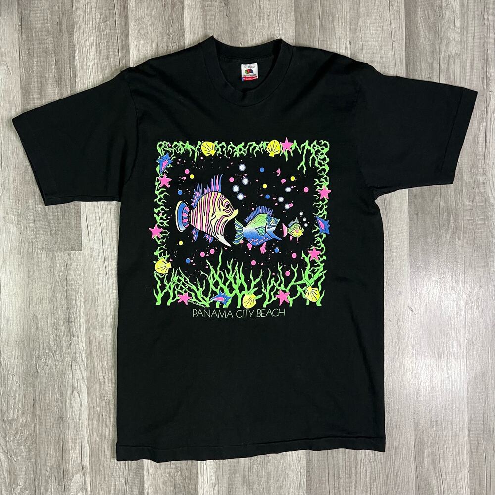 Vintage 90s Bright Fish Print Panama Beach T-Shirt Black T-Shirt Single Stitch